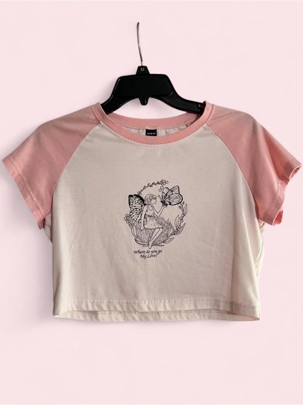 SHEIN Pink & Cream Raglan Crop Tee with Butterfly Graphic